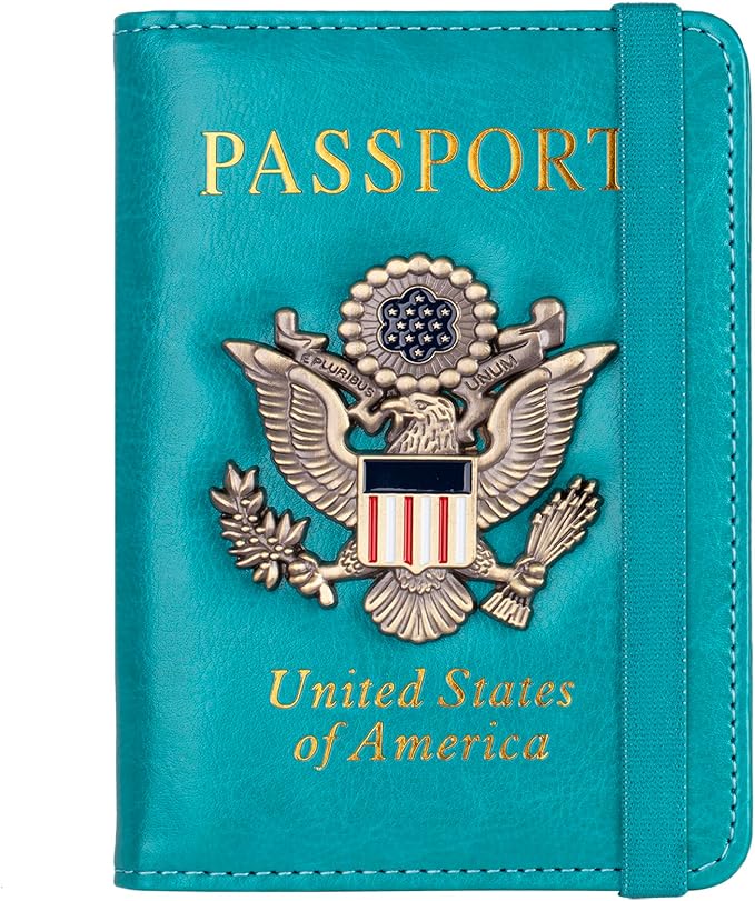 TOURSUIT RFID Blocking Passport Holder, Leather Travel Wallet, Light Blue | Travel Document Holder Cover Accessories, 3D Metal Badge, For Women Men