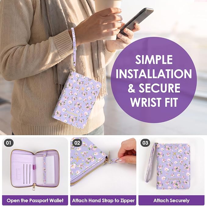 KONVINIT Passport Holder For Travel, RFID Blocking Leather Passport Cover For Travel Accessories, Passport Wallet with Zipper Closure, Cute Passport Book for Women and Men, Purple Flowers