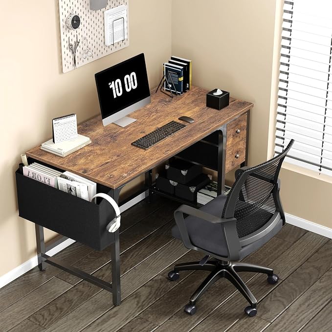 Lufeiya Computer Desk with Fabric Drawers, 47 Inch Desk for Small Space Home Office, Modern Simple Study Writing Table PC Desks for Bedroom, Rustic Brown