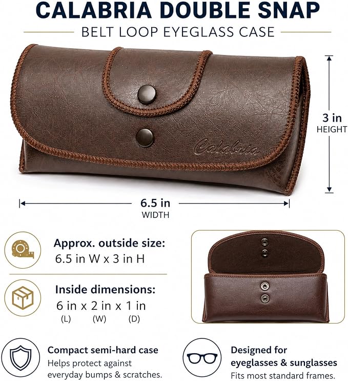 Calabria Double Snap Belt Loop Eyeglass Case PU Leather Brown Old School Vintage Eye Glasses Pouch Semi-Hard Sunglass Holder - 12PACK