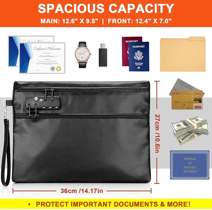 6400°F Fireproof Document Bag with Combination Lock - Heat Resistant Money Bag for Cash, Passports, Deeds, Phones, Waterproof Fire Proof Bag (Black)