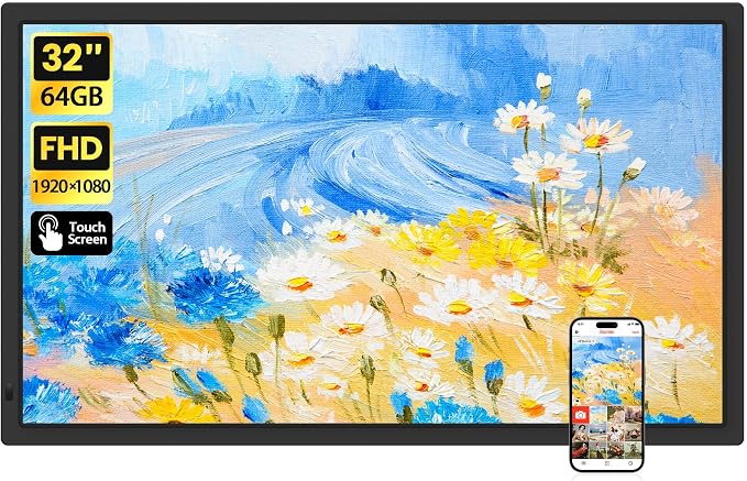 BIGASUO 32" Large Digital Picture Frame with FHD 1920x1080 Touch Display, 64GB Memory, 2.4G/5G WiFi, Instant Photo/Video Sharing via Frameo App, SD Card/USB Support, for Home/Art Galleries/Business