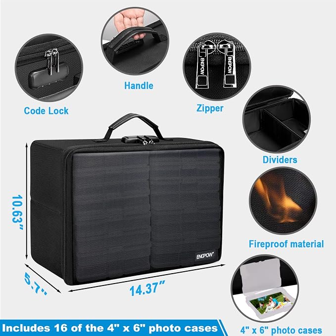 ENGPOW Fireproof Photo Storage Box with 16 Inner 4" x 6" Photo Case(Clear),Photo Box Organizer with Lock,Collapsible Portable Photo Storage Containers with Handle for Photos,Picture,Valuables