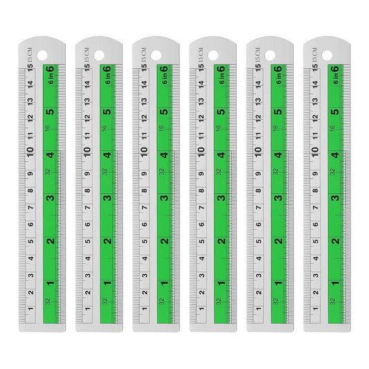 HARFINGTON 6pcs Metal Straight Ruler 15cm Metric SAE Aluminum Alloy Measuring Rulers Scale Tool with Hole for Measure Study Reading Classroom Office, Green