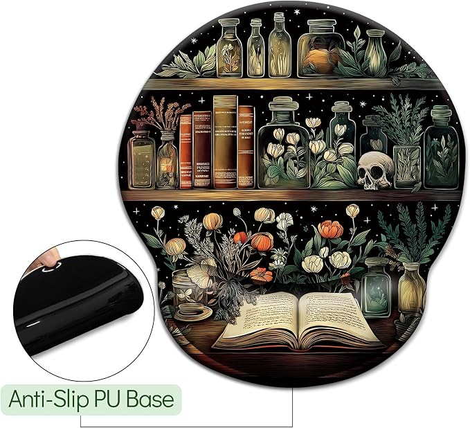 LIMKRIAN Goth Book Mouse Pad with Wrist Rest, Laptop Mousepad, 9.8 x 8.6in | Ergonomic Wrist Support, Non-Slip PU Base, Pain Relief, Mouse Pads for Desk, Gothic Skull Office Home Desk Accessories Decor