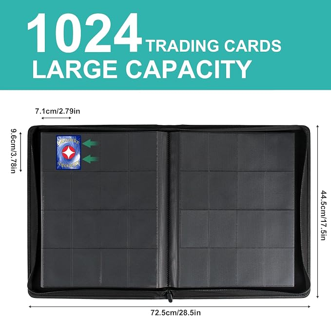 GEAoffice 16 Pocket Trading Card Binder for 1000+ Cards, Ringless Side-Loading 4x4 Card Binder with Zipper Closure, PU Leather 1024 Card Binder for MTG/TCG/Baseball/Sports&Game Cards, Turquoise