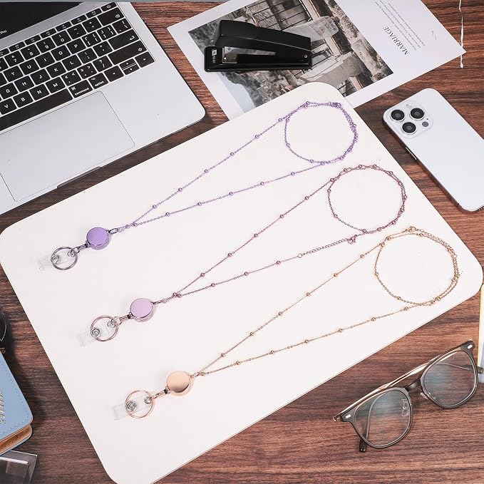 Rose Gold, Pink, Purple 3 Pack Retractable Badge Holders with 6 Pcs Id Badge Holder - Stainless Steel Teacher Lanyards for Women & Cruise Ship