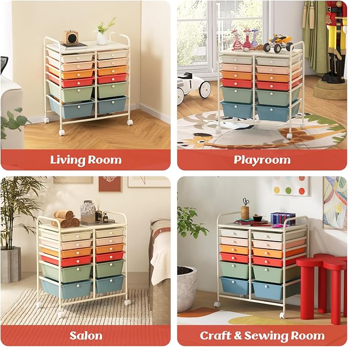 12 Drawer Rolling Storage Cart, Craft Cart Organizer on Wheels w/Metal Frame, Large Capacity & Smooth Drawer, Rolling Cart w/Drawers for Classroom, Office