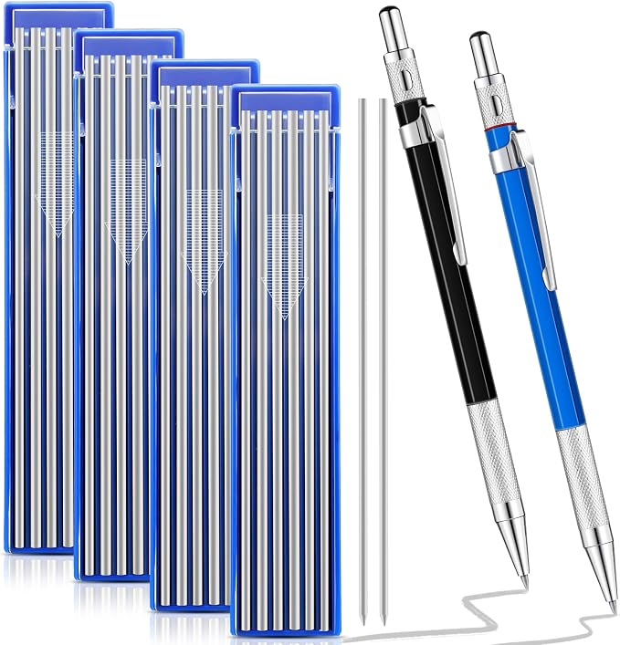 Gersoniel 2 Pcs Welders Pencil with 48 PCS Round Refills Mechanical Pencils Metal Welding Marker for Tube Pipe Fitter Welder Steel Construction Woodworking (Silver)