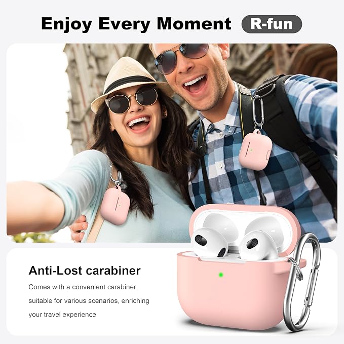 R-fun Compatible with AirPods 3 Case Cover, Silicone Protective Accessories Skin with Keychain Compatible with Apple AirPod 3rd Generation 2021 for Women Men Girls Boys,Front LED Visible,Sand Pink