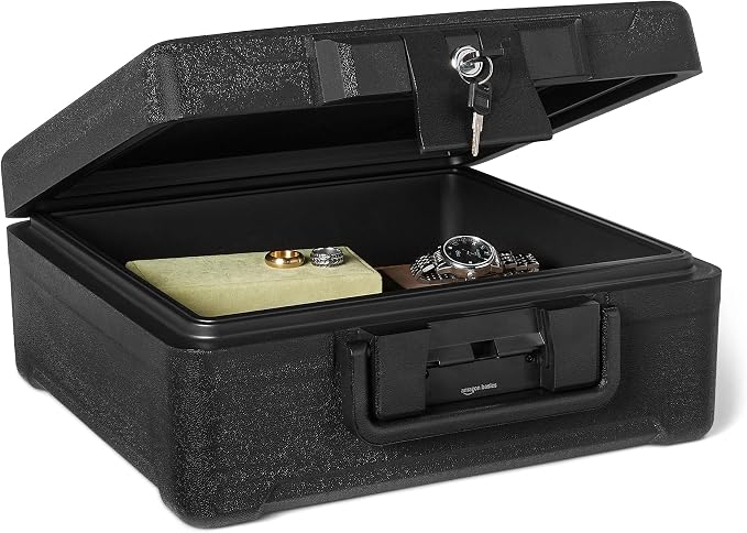 Amazon Basics Fire-Resistant Waterproof Fire Chest with Mechanical Key, Protects During Floods, 0.39 cu. ft, Black