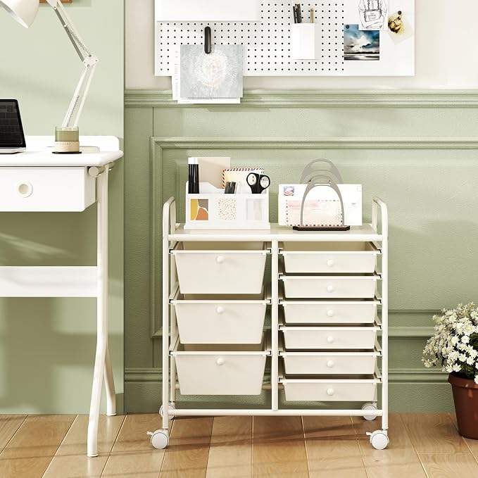 9 Drawer Rolling Storage Cart, Rolling Cart with Drawers for Classroom, Art Supply Craft Organizer on Wheel with Metal Frame & Handles for Home Office School