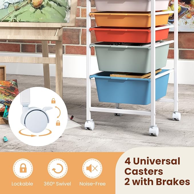 Giantex Rolling Storage Cart with 5 Drawers, Utility Cart w/Wooden Tabletop, Lockable Wheels, Multipurpose Organizer for Art Craft Books Paper, Drawer Carts for Dorm Classroom Office, Macaron