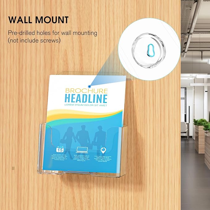 KTRIO Acrylic Brochure Holder 6 x 8, 2 Pack Bi-fold Flyer Display Stand | Desktop/Wall-Mount, Clear Plastic Stand Fits 6" Wide Magazines, Pamphlets, Booklets, Journals, Menus, Business Papers
