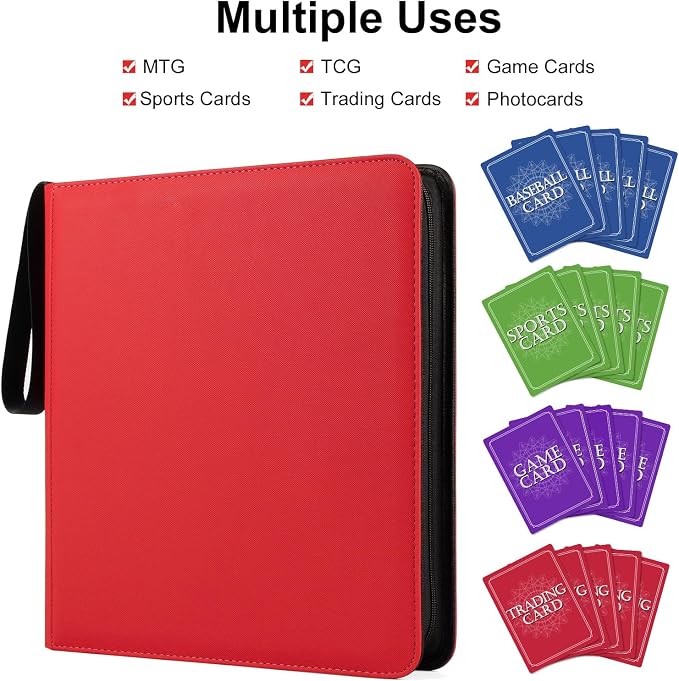 GEAoffice 12 Pocket Trading Card Binder for 720 Cards, Sturdy PU Cover Side Loading Zipper Card Collection Binder Album for MTG, TCG, Game & Sports Cards, Ringless, Non-PVC, Red