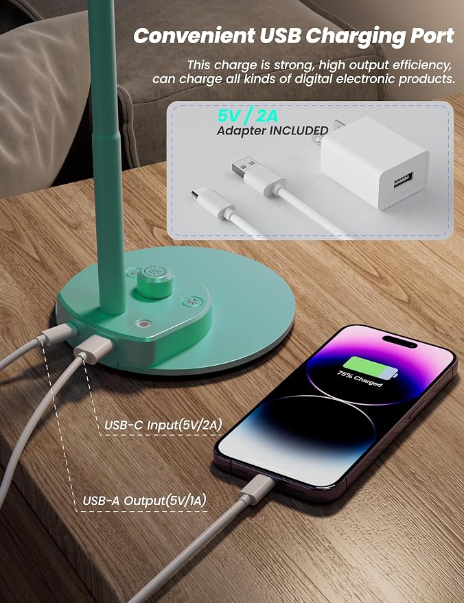 BOHON LED Desk Lamp with USB Charging Port, 3 Color Modes Dimmable, Teal | Reading Lamp, Auto Dimming Task Lamp, Flexible Neck Table Light for Office Dorm Bedside, Adapter Include