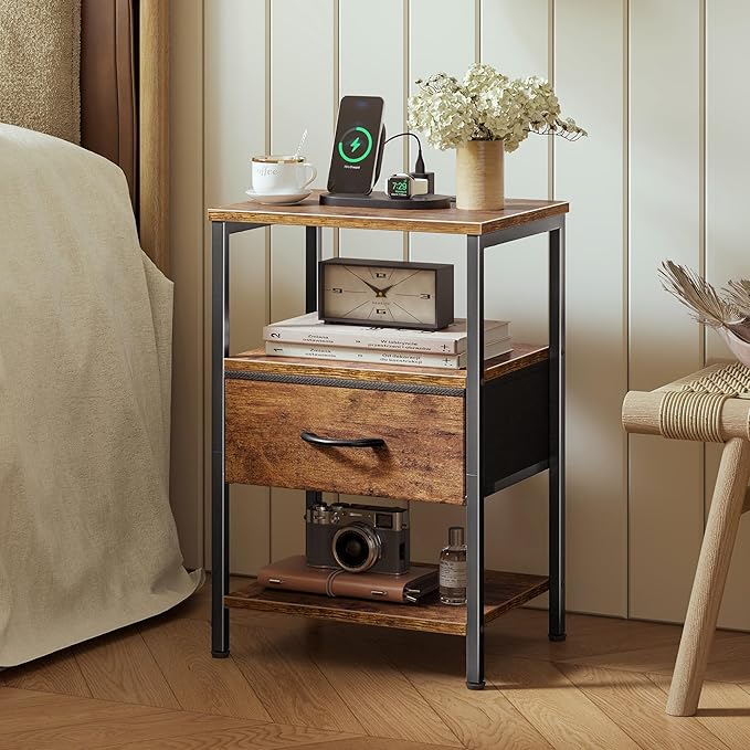 SUPERJARE Nightstand Set of 2 with Charging Station, USB-C Port, End Tables | Night Stand for Bedroom, with Adjustable Fabric Drawer, 3-Tier Storage Bedside Tables for Living Room, Rustic Brown