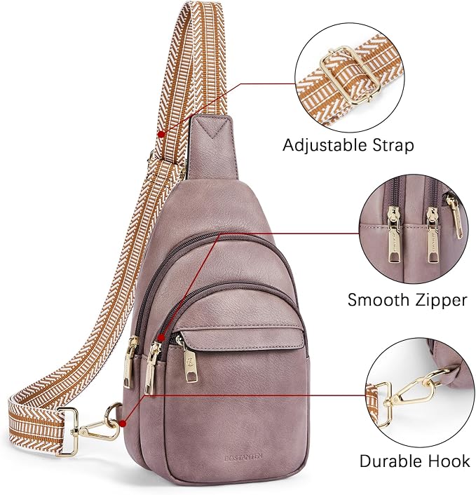 BOSTANTEN Sling Bag for Women Leather Crossbody Bags Fanny Pack Chest Bag for Travel | Adjustable Wide Strap, Small, Anti Theft, Lightweight, Multi Pockets and Carrying Way, Card Slot, Cute Trendy for Everyday