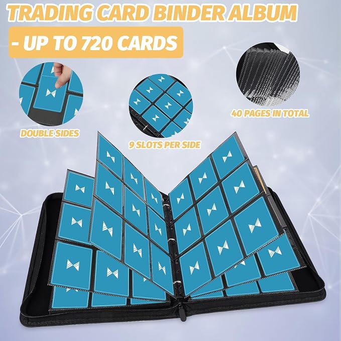 GERMUN 3 Ring 9 Pocket Zipper Card Binder, 720 Double Sided Standard PU Trading Card Album Folder for TCG & Sports Cards, Not Fit Top Loaders (Yellow)