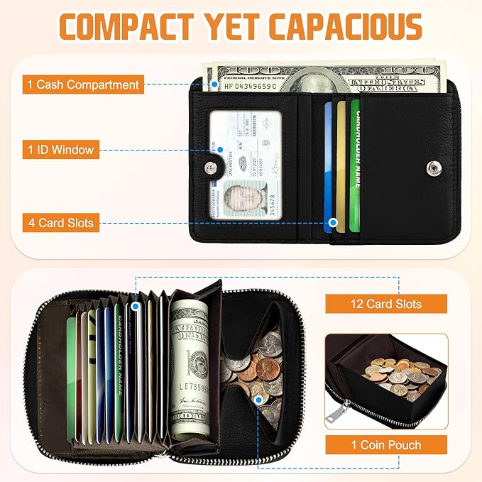 HUANLANG Mens Wallet RFID Blocking Multi Card Holder Wallets for Men Bifold Wallet with Zipper Small Men's Leather Wallet