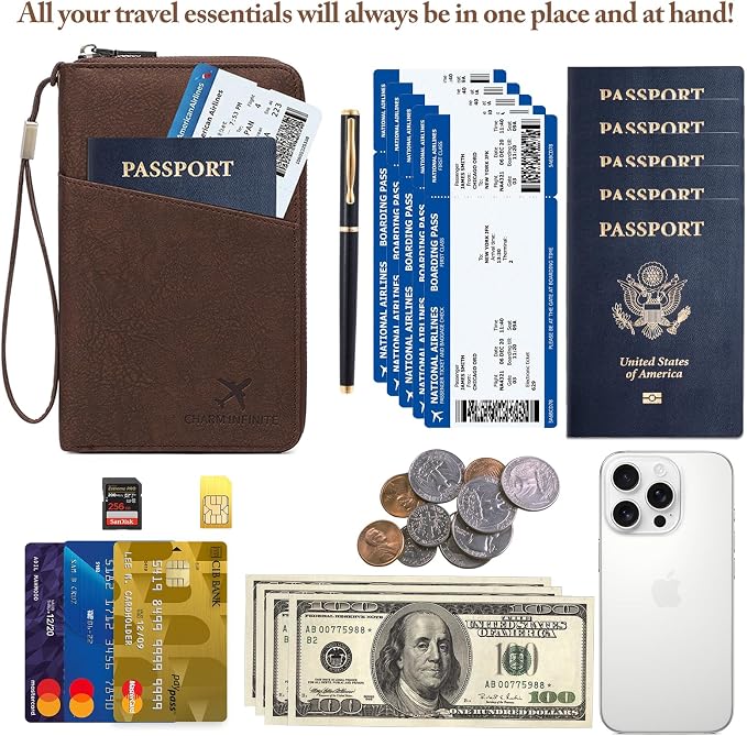 Family Passport Holder for Travel Women and Men RFID Blocking Passport Holder with Zipper Multi-functional Passport Wallet Passport Case Passport cover Travel Essentials