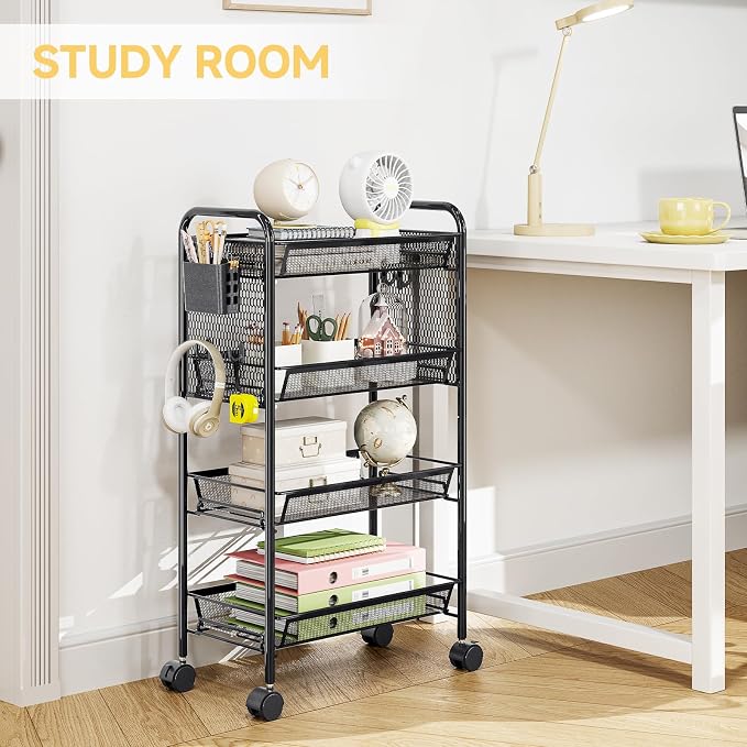 KINGRACK 4 Tier Rolling Cart, Metal Utility Storage Cart with Pegboard | Screwless Assembly, Lockable Wheels, 4 Hooks & 1 Bin, Mobile Organizer for Bathroom Kitchen Office Craft Room Laundry, Black