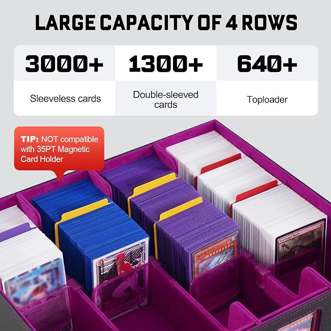 ZLCA MTG Storage Box 4-Row with Handle, MTG Deck Box Holds 3000+ Trading Cards with Portable Handle Dice Tray, Commander Storage Card Case for Top Loaders TCG PTCG Sport Card(Black&Purple)