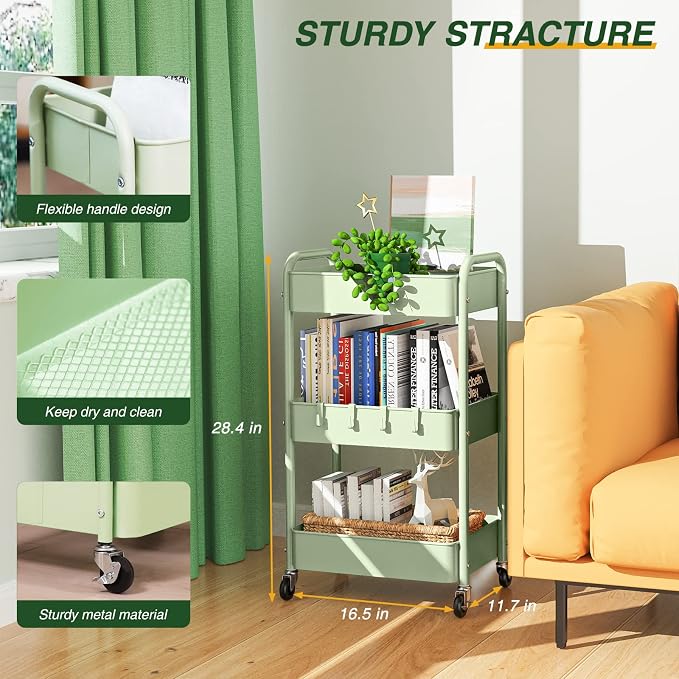 LEHOM 3 Tier Rolling Cart, Metal Rolling Utility Cart with Lockable Wheels | Multi-Functional Heavy Duty Storage Cart Organizer for Bathroom, Kitchen, Office, Living Room, Rolling Storage Trolley