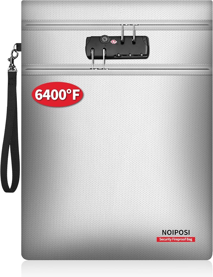 Noiposi 6400℉ Fireproof Document Bag with Lock,Dual-Zip Compartments 15x11 inch Fireproof Bag for Legal Letter Documents,12 Layers Heat Insulated Fireproof Waterproof Document Bag for Valuables,Silver