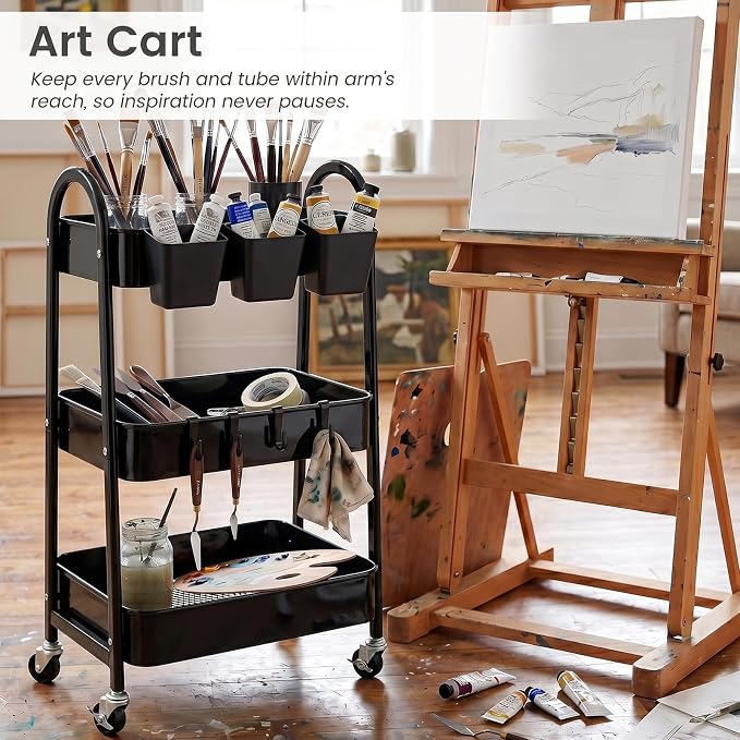3-Tier Rolling Cart, Utility Cart Mobile Metal Rolling Storage Cart with Lockable Wheels & Hanging Cups & Hooks for Kitchen, Bathroom, Office, Workshop, Black