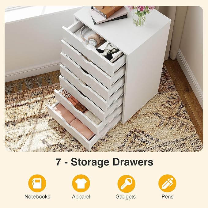 OLIXIS 7 Drawer File Cabinet, Printer Stand with Storage Cabinet | Wood Under Desk Storage Organization Holds Printer, Office Supplies, Not For Hanging Files, Fit Home Office White