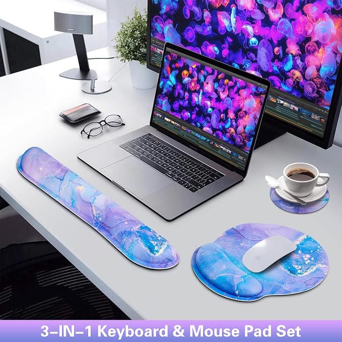 Mouse Pad Purple, Mouse Pad with Wrist Rest Set, 3-in-1 | Wrist Support Mousepad Set,Gaming with Anti-Skid Base,Ergonomic Memory Foam Keyboard Gel Wrist Rest