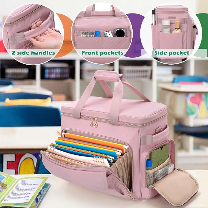 LUXJA Rolling Teacher Bag with Wheels and 15.6" Laptop Compartment, Pink | Rolling Briefcase for Women with Accordion File Area, Teacher Tote Bag for Work with Detachable Dolly and Shoulder Strap