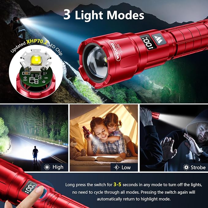 WdtPro LED Rechargeable Flashlight 2 Pack, 3 Modes Super Bright High Lumens Flashlights, Zoomable Tactical Flash Light with LCD Display, IP65 Waterproof Flashlights for Home Emergency Camping - Red