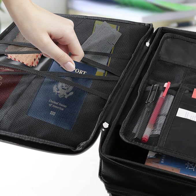 2 Layer Fireproof Document Box with Lock for Letter/Folder/Certificate | Fireproof to 2000°F, Waterproof, Large Capacity, Night Reflective Strip, Adjustable Handle, Foldable, Anti-static Material
