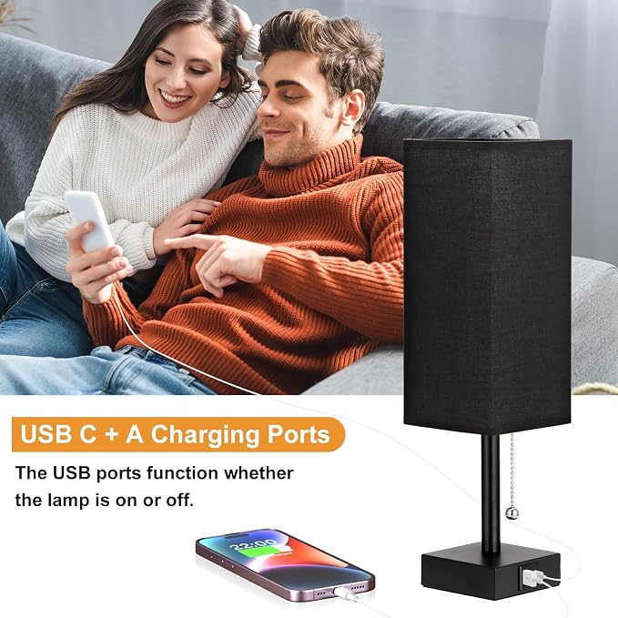 Set of 2 Black Bedside Table Lamps for Bedroom - Nightstand Lamp, USB C+A | Pull Chain Lamp, 3 Color Modes(3000K/4000K/5000K), E26 LED Bulb Included, Square Black Fabric Lampshade, for Read, Work, Dorm