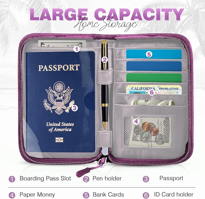 Single Passport Holder for Travel, RFID Travel Document Organizer for Women Waterproof Passport Wallet Men Portable Case for Cards, Boarding Pass, ID, Money, Tickets with Zipper