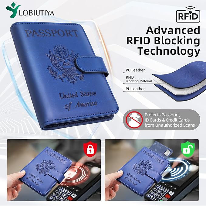 Passport Holder For Travel with Slot for AirTag & Luggage Tag Cover – RFID Blocking Travel Passport Wallet for Women/Men/Family | PU Leather Passport Case with Extra Money Pocket, Blue
