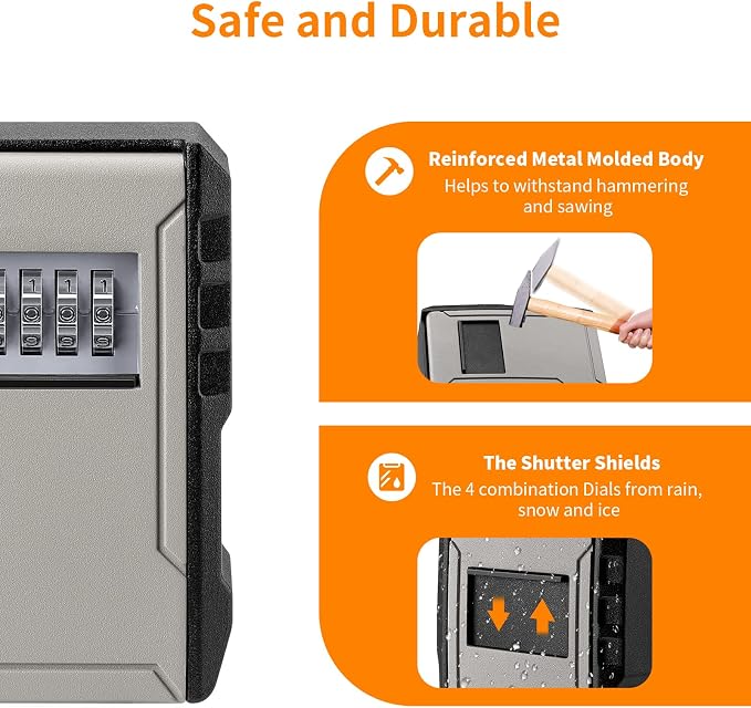 UPGRADE Extra Large Capacity Key Lock Box, Weatherproof Wall Mount Key Box for Car Keys, Fob, House Keys, Key Safe Security Storage Lock Box for Indoor, Outdoor, Garage, Garden, Store (1, Grey)