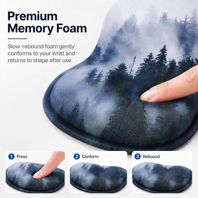 Mouse Pad with Wrist Rest Ergonomic Memory Foam Support, Non-Slip Rubber Base, Comfortable Typing Cushion for Home Office Computer Laptop, Forest