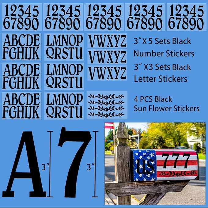 132 Pcs 3" Mailbox Numbers Letters Stickers for Outside,Numbers Letters Decals with Flowers,Self Adhesive Waterproof House Mailbox Address Numbers Letters Vinyl for Door Sign Cars Home,Black