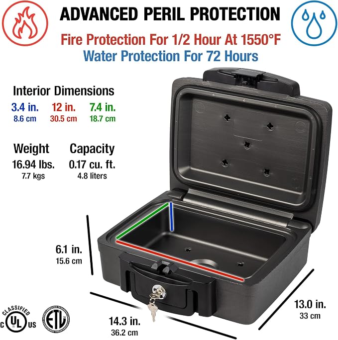 SentrySafe Fireproof and Waterproof Safe, Black Portable Lock Box with Key Lock and Carrying Handle for Money, Passport, Exterior: 14.3 in W x 13 in D x 6.1 in H, ‎H0100