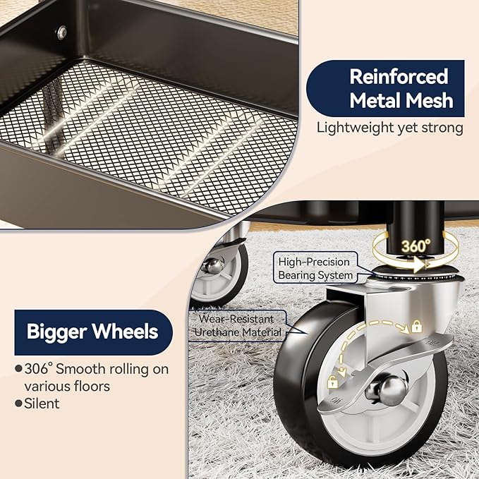 3 Tier Rolling Cart, Heavy Duty Metal Utility Cart with Wheel Black | Sturdy Rolling Storage Cart With Hooks & Hanging Cups, Great For Craft, Art Workspace, Kitchen ,Snack And Office Storage