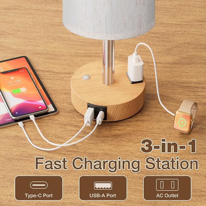 Touch Bedside Table Lamp for Bedroom, Stepless Dimmable, USB A+C, AC Outlet | Base Touch Button Only, Memory Brightness, Ultra-dim Night Light, Included Bulb for Optimal Dimming, Wood Grain Base, Nursery