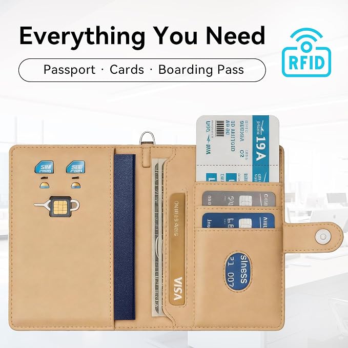 Trackable Passport Holder for Travel, RFID Blocking Wallet, Brown | Rechargeable PU leather cover works with Apple Find My and is Apple MFi certified; it includes card storage and a lanyard.