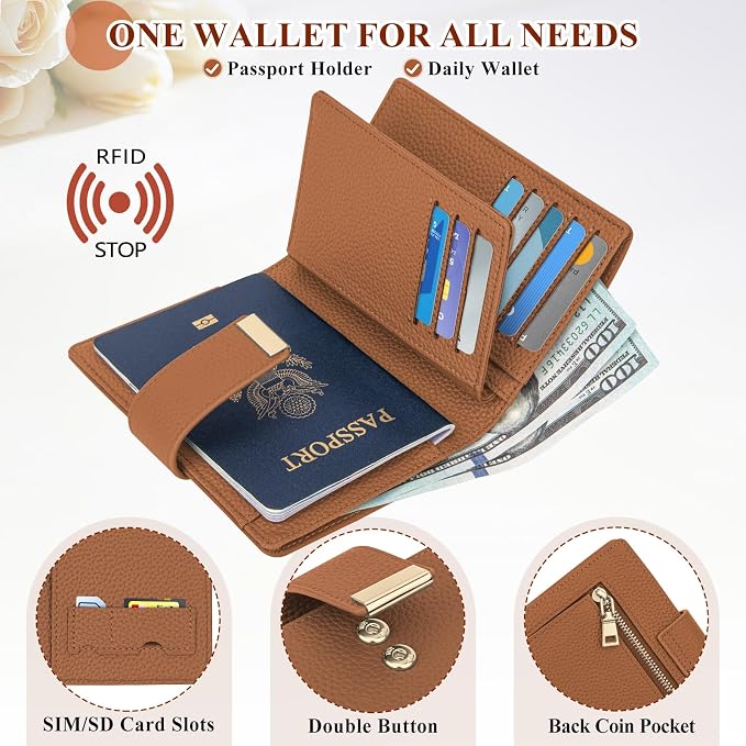 BKNOOU Passport Wallet with Airtag Slot- Leather Travel Passport Holder for Women & Men, Slim RFID Blocking Travel Passport Holder Holds Cards & Tickets & Cash (Brown)
