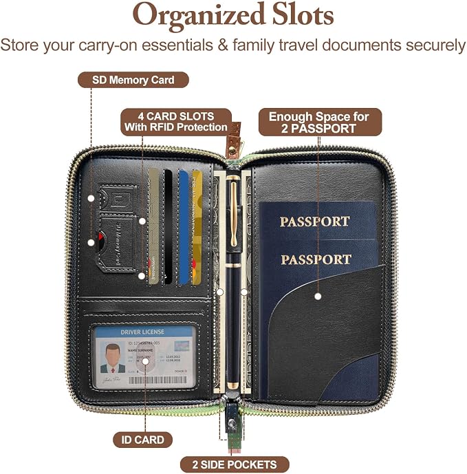 Family Passport Holder for Travel Women and Men RFID Passport Holder with Zipper Passport Case Passport cover Passport Wallet Travel Essentials and Accessories(1-2, Black)