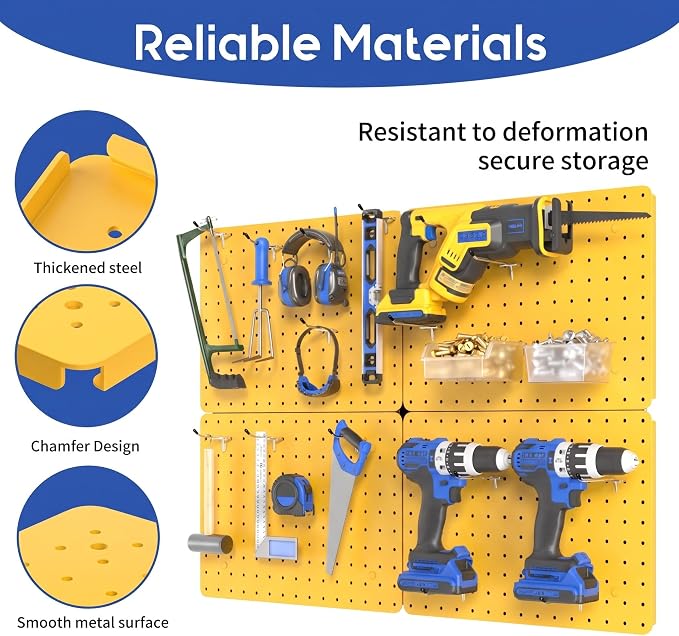 Steel Pegboard Tool Wall Organizer, 4 Pack 14.76 x 10.82 in, 6 Bins, Yellow | 6 clear storage bins organize screws and small parts; 36 hooks and 30 peg locks keep garage tools sorted and easy to reach.