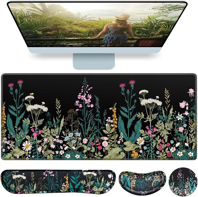 Desk Mat, Large Gaming Mouse Pad with Wrist Rest, 4in1 XXL Mousepad Floral | Keyboard Wrist Rest+Mouse Pad Wrist Support+Cup Coaster Set Ergonomic Computer Desk Arm Wrist for Decor Home Office Women