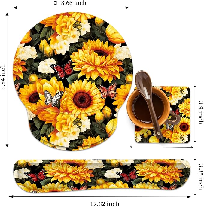 Keyboard Wrist Rest and Mouse Wrist Rest Pad with Cup Coaster,Made of Memory Foam,Ergonomic Support,Easy-Typing and Pain Relief,for Gaming Office Home Computer,Sunflowers and Butterfly